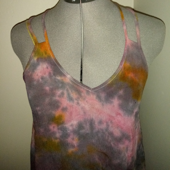 Tie Dye Blouse, Tie Dye Cross Back Blouse, Pink Gray Yellow Tie Dye Tank - Picture 3 of 12